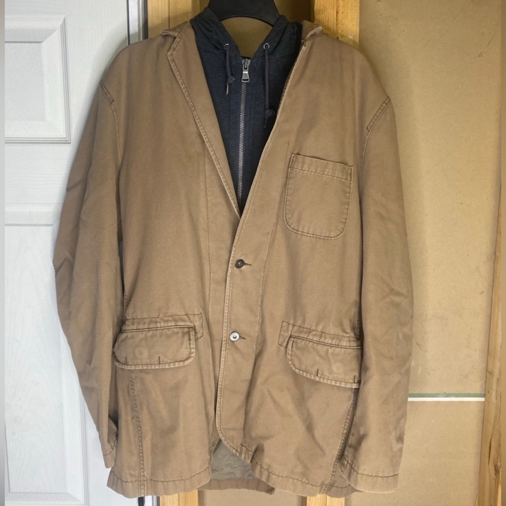 EXPRESS MENS Khaki Blazer Jacket Hoodie w/ Fleur De Lis Crest on Back Size XL